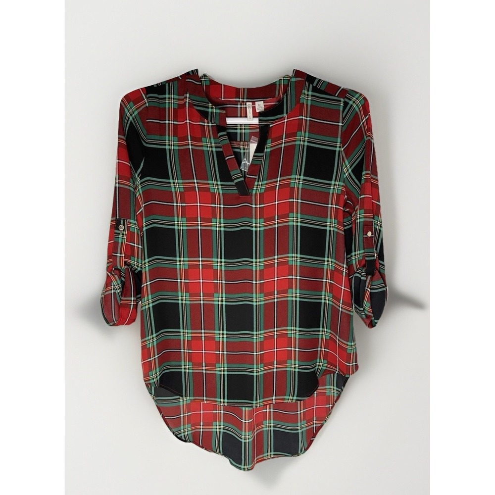 NWT‎ Cato Christmas Plaid High/Low Blouse S~M Plus 3/4 Roll Tab Sleeve Classic - Picture 2 of 8